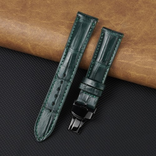 Green leather watch strap - leather,