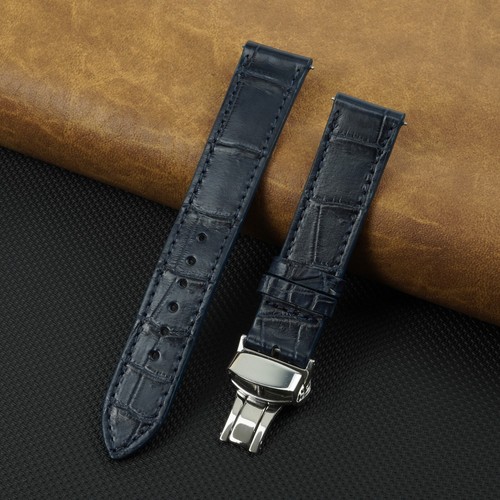 Flat blue leather watch strap - blue,